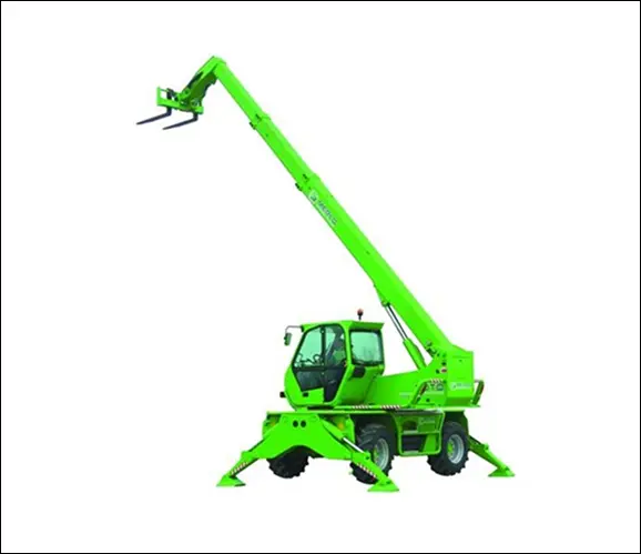 Bright green telescopic handler with extended boom and forks.