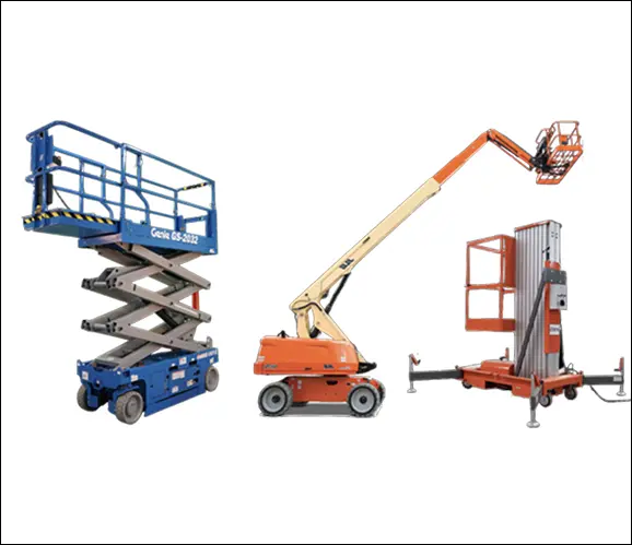 Three types of aerial work platforms for elevated tasks.