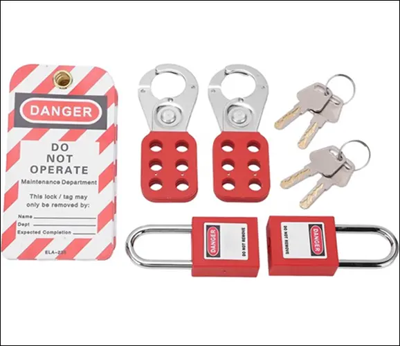 Two red safety lockout hasps with keys and a danger tag.