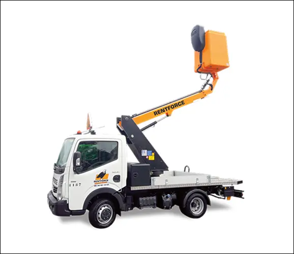 White truck with an orange hydraulic lift bucket raised.