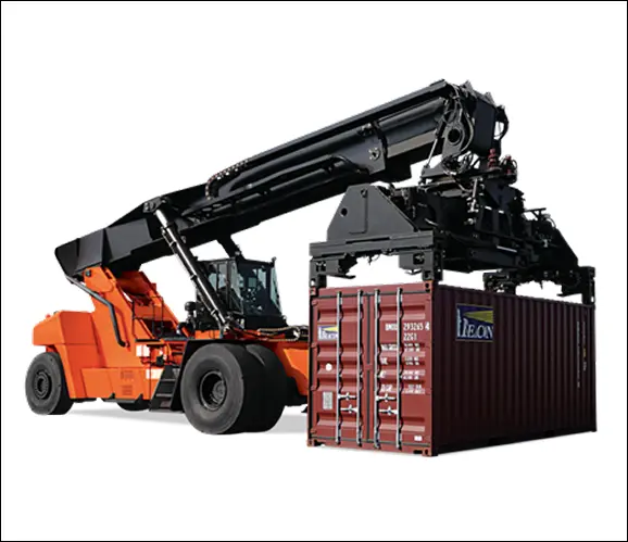 A large orange reach stacker lifting a shipping container.